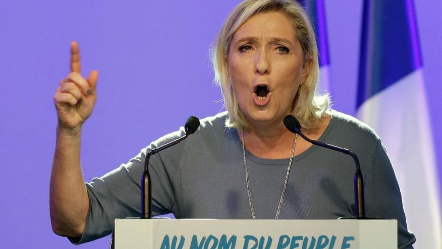 France's far-right National Front president Marine Le Pen delivers her speech during the summer meeting 'Les Estivales de Marine Le Pen&#x27, in Frejus southern France Sunday Sep. 18 2016