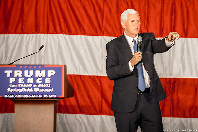 Mike Pence accepts a question from an audience member during a campaign stop at the Springfield Expo Center