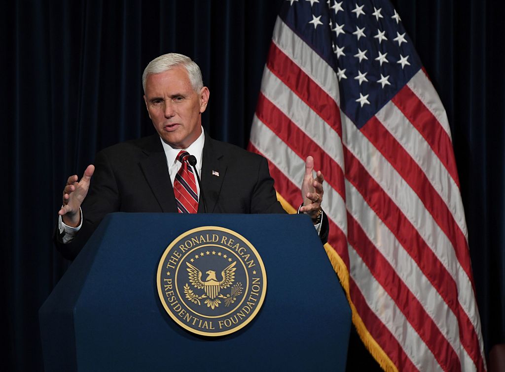 Mike Pence speaks to Republicans at the Ronald Reagan Presidential Library in Simi Valley California