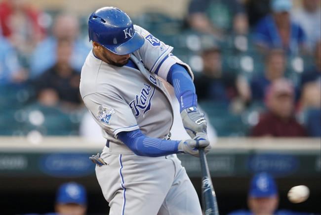 Kansas City Royals&#39 Paulo Orlando hits a single off Minnesota Twins pitcher Kyle Gibson in the first inning of a baseball game Wednesday Sept. 7 2016 in Minneapolis