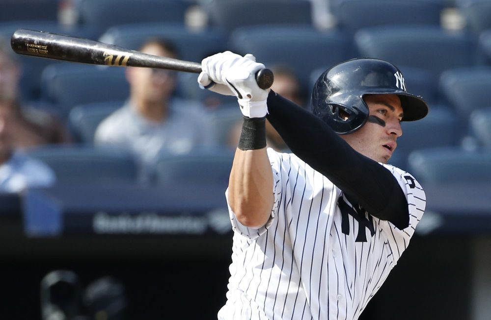 New York Yankees Jacoby Ellsbury swings at a pitch during the seventh inning of a baseball game against the Toronto Blue Jays in New York Monday Sept. 5 2016. Ellsbury had three hits in the game including a two-run home run during the first inning