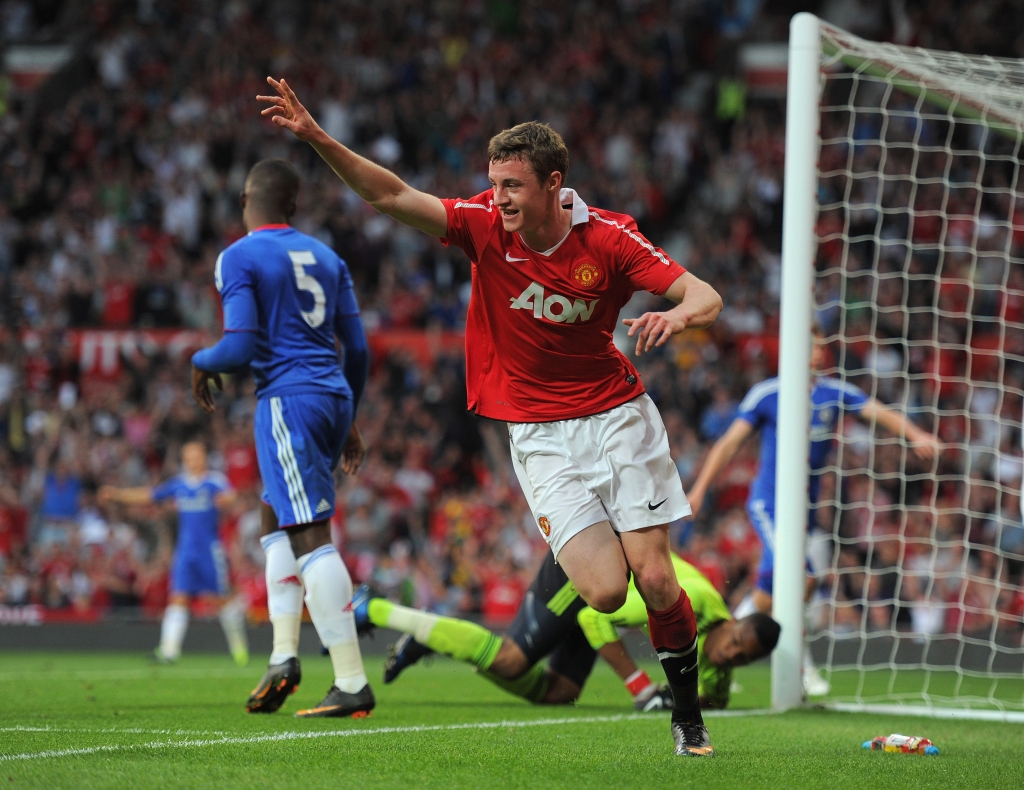 MANCHESTER ENGLAND- APRIL 20 William Keane of Manchester United celebrates scoring to make it 2-0 during the FA Youth Cup Semi Final 2nd Leg between Manchester United and Chelsea at Old Trafford