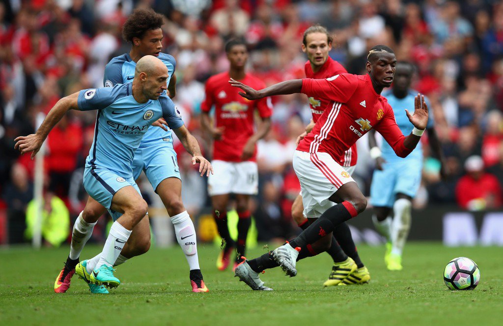 MANCHESTER ENGLAND- SEPTEMBER 10 Paul Pogba of Manchester United in action during the Premier League match between Manchester United and Manchester City at Old Trafford