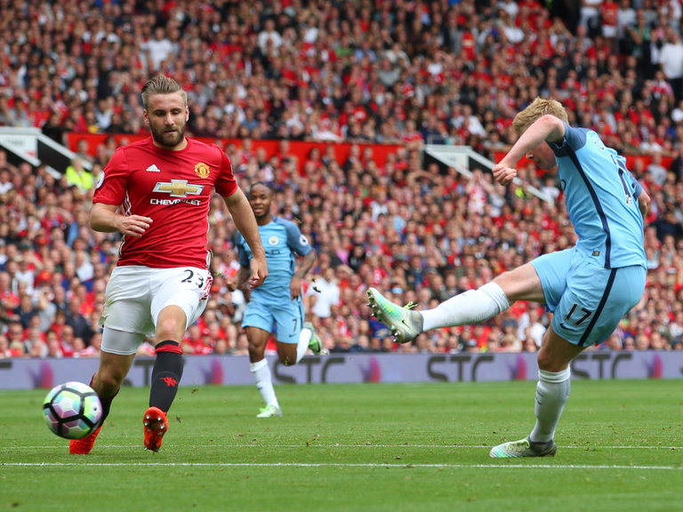 Kevin De Bruyne scores the first goal of the game at Old Trafford