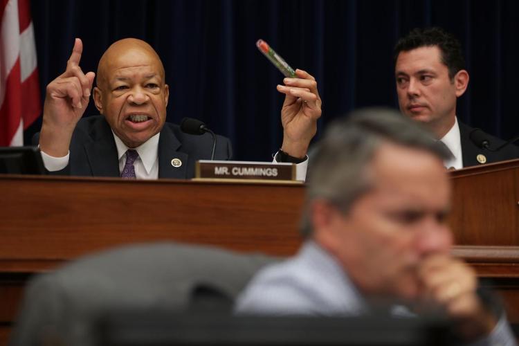 WASHINGTON DC- SEPTEMBER 21 Ranking member Rep. Elijah Cummings  holds up an Epi Pen as he speaks as committee chairman Rep. Jason Chaffetz  looks on during a hearing before the House Oversight and Government Reform Committee Septem