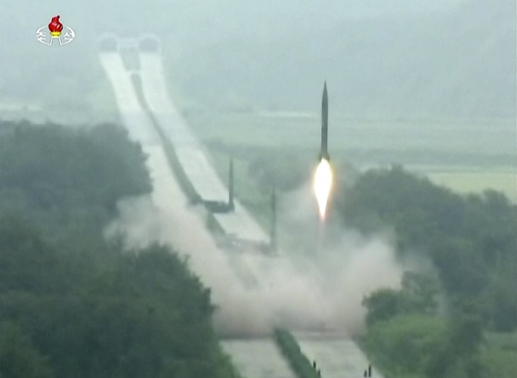 In this undated image made from video distributed on Tuesday Sept. 6 2016 by North Korean broadcaster KRT a missile is launched during a drill at an undisclosed location in North Korea. North Korea on Monday Sept. 5 2016 fired three medium-range