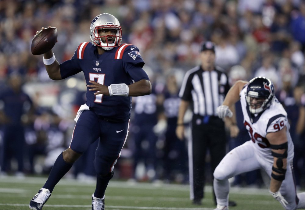 Jacoby Brissett lead the Patriots to a victory Thursday night against the Houston Texans but his status for the Patriots next game on Oct. 2 against Buffalo is in question after he suffered an injury to his right thumb