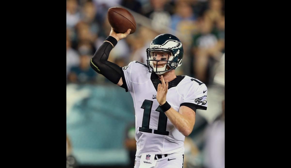 Philadelphia Eagles rookie quarterback Carson Wentz throws a pass during the second half of the team's preseason NFL football game against the Tampa Bay Buccaneers in Philadelphia