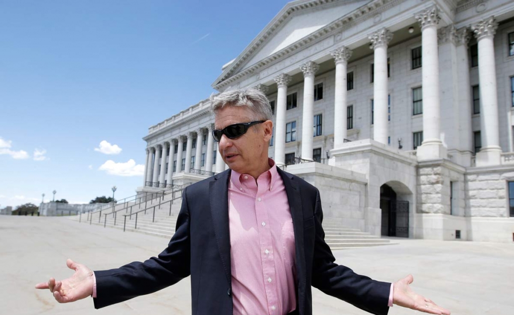 Libertarian presidential candidate former New Mexico Gov. Gary Johnson leaves the Utah State Capitol after meeting with with legislators in Salt Lake City