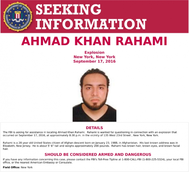 An image of Ahmad Khan Rahami who is wanted for questioning in connection with an explosion in New York City is seen in a a poster released by the FBI