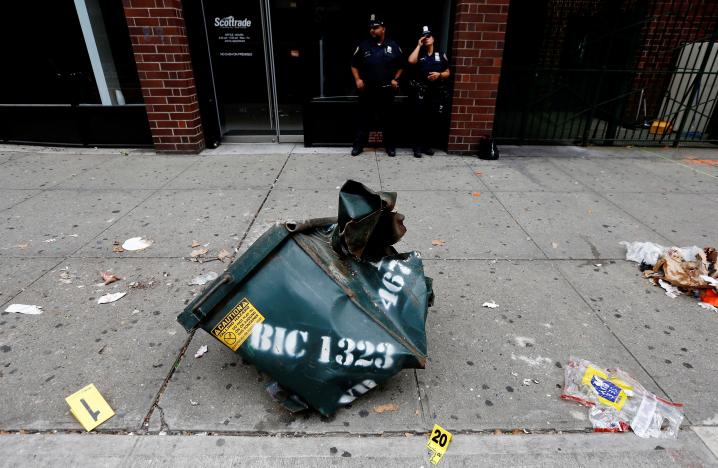 A view of a mangled dumpster at the site of an explosion that occurred on Saturday night in the Chelsea neighborhood of New York USA