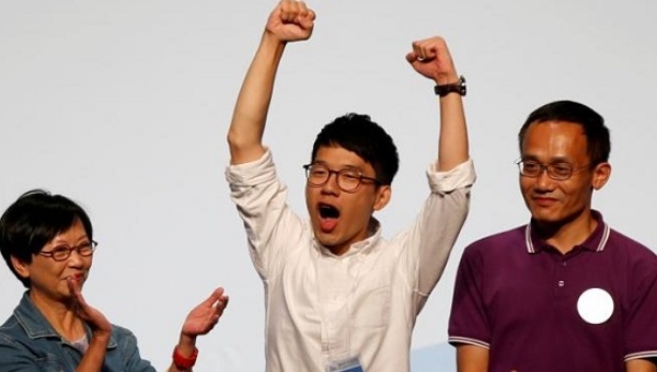 Nathan Law celebrates his win in the Legislative Council election in Hong Kong China