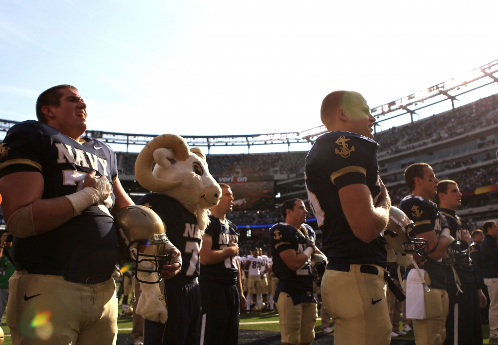 EAST RUTHERFORD NJ- OCTOBER 23 The Navy Midshipmen celebrate their win against the Notre Dame Fighting Irish at New Meadowlands Stadium