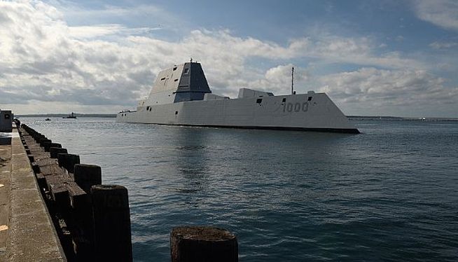 The guided-missile destroyer Zumwalt arrives at Naval Station Newport during its maiden voyage from Bath Iron Works Shipyard in Bath Maine. The port visit marks Zumwalt's first stop before the ship ultimately sails to her new homeport of San Diego