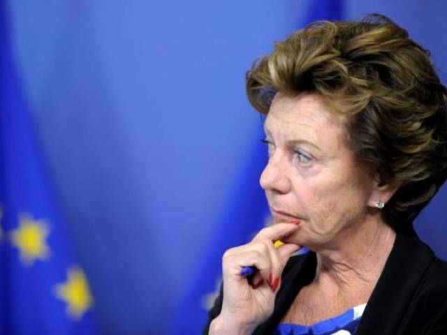 Neelie Kroes attends a news conference on the European Commission in Brussels