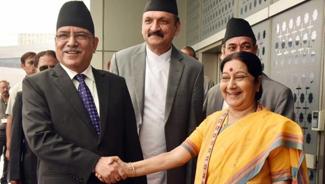 Nepalese Prime Minster Pushpa Kamal Dahal ‘Prachanda’ with external affairs minister Sushma Swaraj in New Delhi