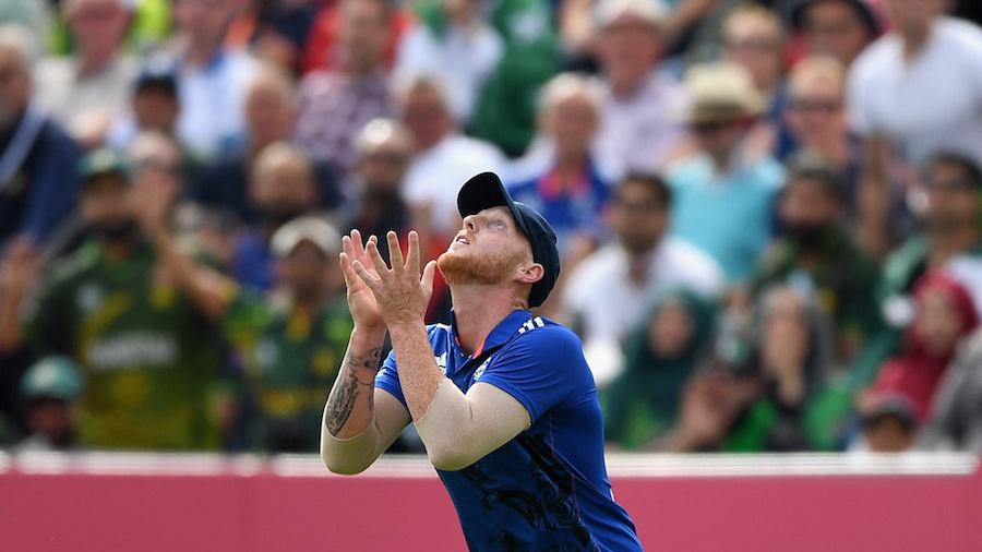 Nervous? Ben Stokes steadies himself under a high catch