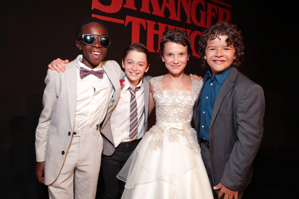 Caleb McLaughlin Noah Schnapp Millie Brown Gaten Matarazzo seen at the red carpet premiere in support of the launch of the Netflix original series'Stranger Things at Mack Sennett Studios on Monday