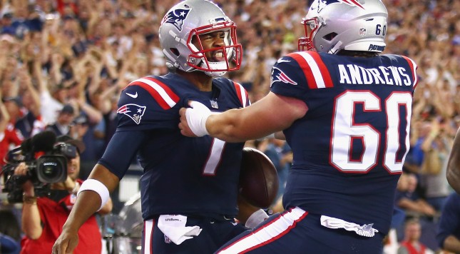 FOXBORO MA- SEPTEMBER 22 Jacoby Brissett #7 of the New England Patriots celebrates scoring a touchdown during the first quarter against the Houston Texans at Gillette Stadium