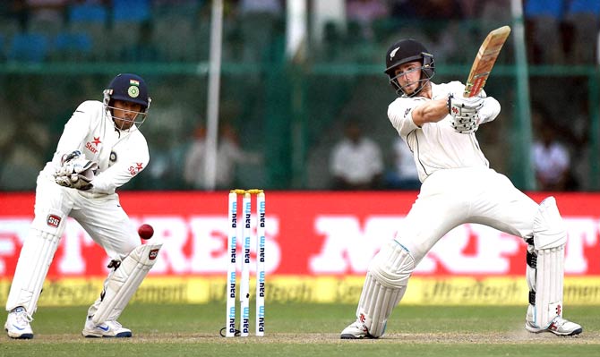 New Zealand skipper Kane Williamson plays a shot on the second day of the first Test match against India at Green Park in Kanpur. Pic  AFP