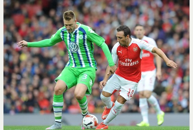 Nicklas Bendtner in action for Wolfsburg against Arsenal