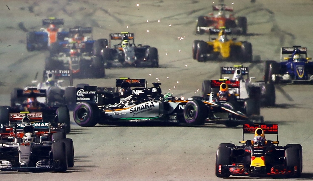 Nico Hulkenberg the Sahara Force India driver gives the rest of the field a side-on view of his car in a crash that ended his race Lynn Bo Bo  EPA