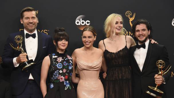 Nikolaj Coster-Waldau Maisie Williams Emilia Clarke Sophie Turner and Kit Harington with the awards won by Game Of Thrones at the Emmys