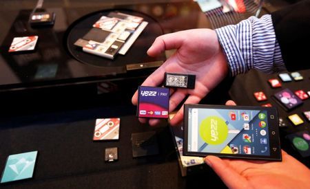 Prototype modular parts created by Yezz Mobile for Project Ara Google's modular smartphone project are shown during the Mobile World Congress in Barcelona