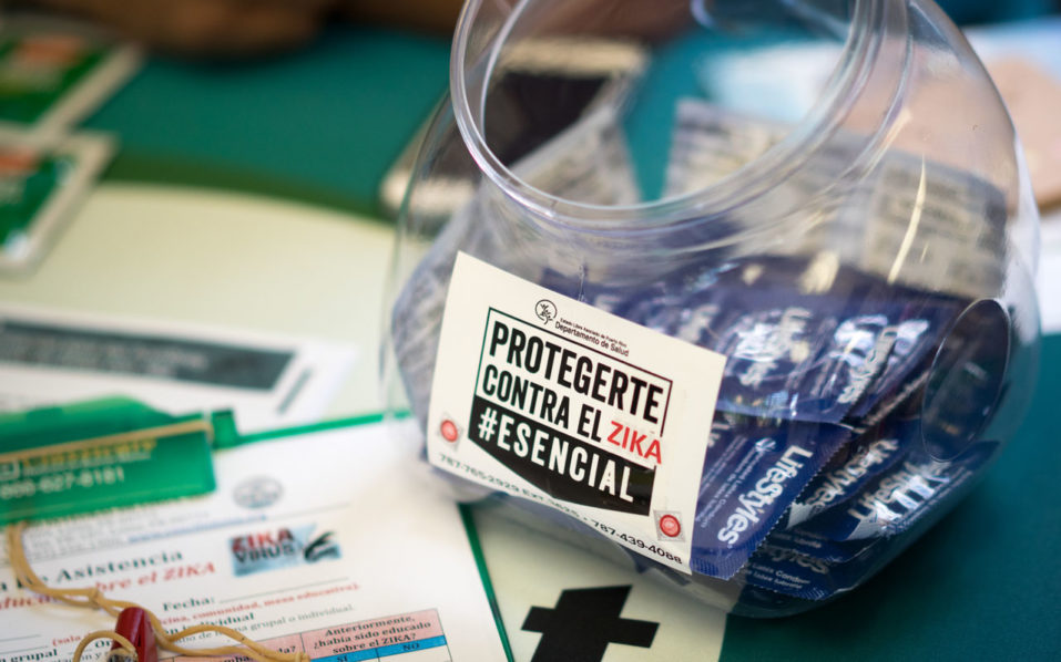 Condoms and literature on the prevention of ZIka and other diseases handed out by health clinic workers during a wellness fair Angel Valentin  Getty Images  AFP