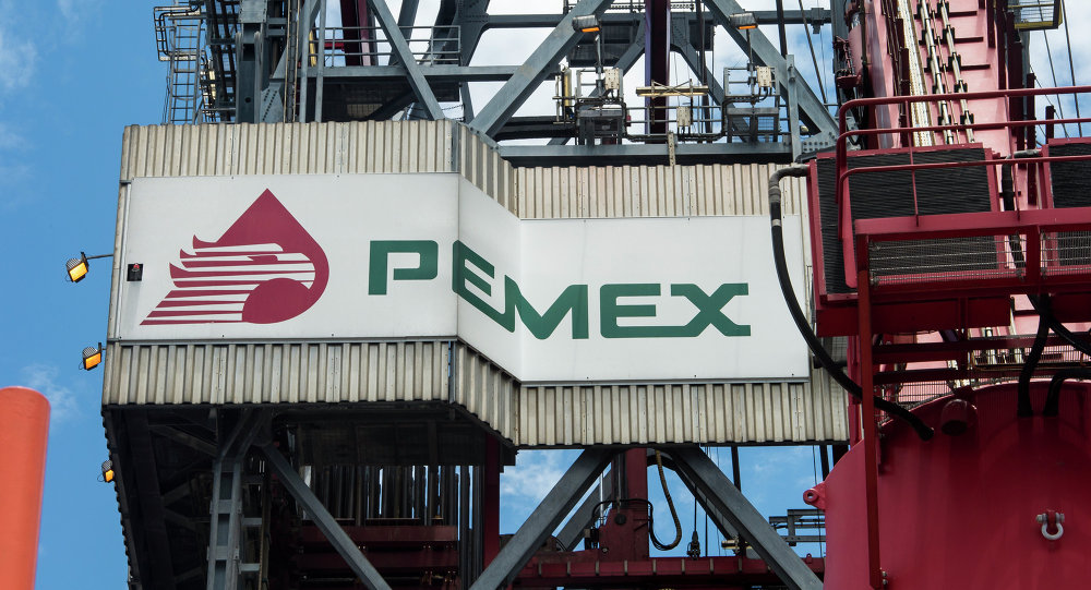 The PEMEX logotype on the tower of the drilling tower of La Muralla IV exploration oil rig operated by Mexican company Grupo R and working for Mexico's state-owned oil company PEMEX