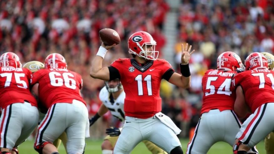 Nov 28 2015 Atlanta GA USA Georgia Bulldogs quarterback Greyson Lambert attempts a pass in the fourth quarter of their game against the Georgia Tech Yellow Jackets at Bobby Dodd Stadium. The Bulldogs won 13-7. Mandatory Credit Jason Getz-USA TO