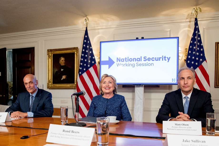 Democratic presidential candidate Hillary Clinton joins a national security meeting in New York City