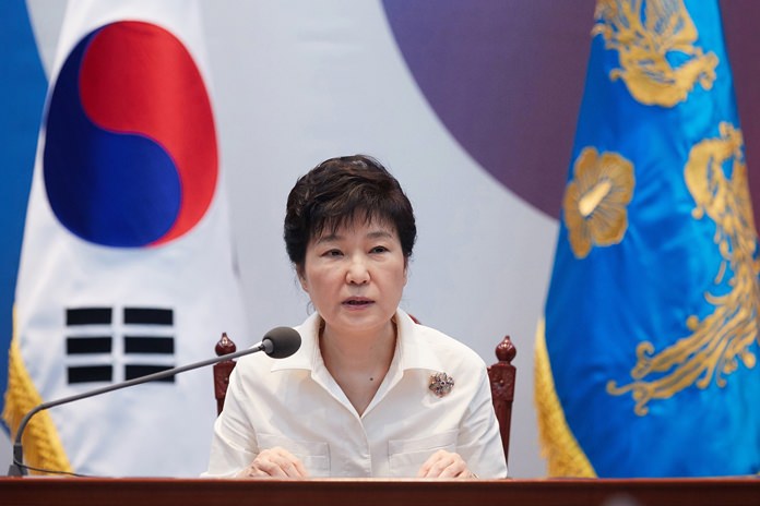 South Korean President Park Geun-hye speaks during an emergency meeting to discuss follow-up measures to respond to North Korea's nuclear test at the presidential house in Seoul South Korea Friday Sept. 9