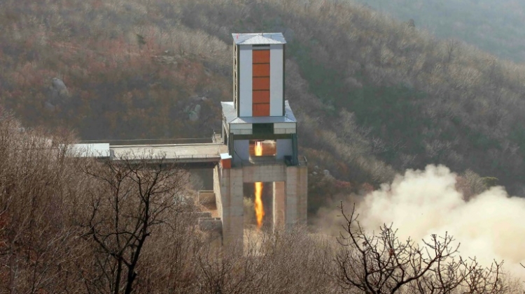 A ground jet test of a high-power engine of inter-continental ballistic rocket takes place at the Sohae Space Center in North Korea's North Pyongan Province in April 2016