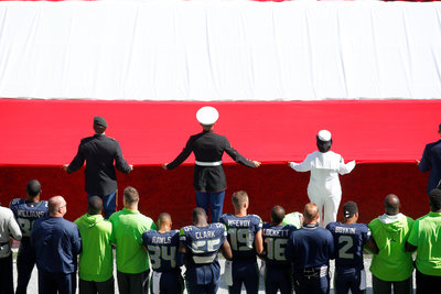 SEATTLE WA- SEPTEMBER 11 Overall view of the field as the National Anthem is played at Century Link Field before the start of an NFL game between the Seattle Seahawks and the Miami Dolphins at Century Link Field