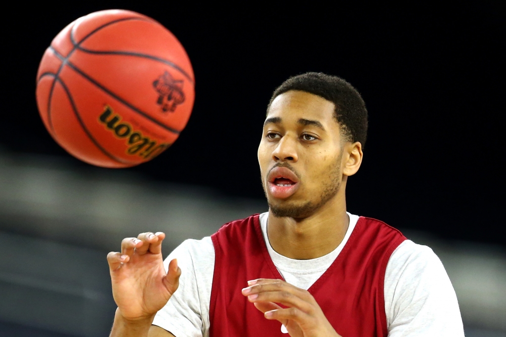 HOUSTON TEXAS- APRIL 01 Isaiah Cousins #11 of the Oklahoma Sooners participates in a practice session for the 2016 NCAA Men's Final Four at NRG Stadium