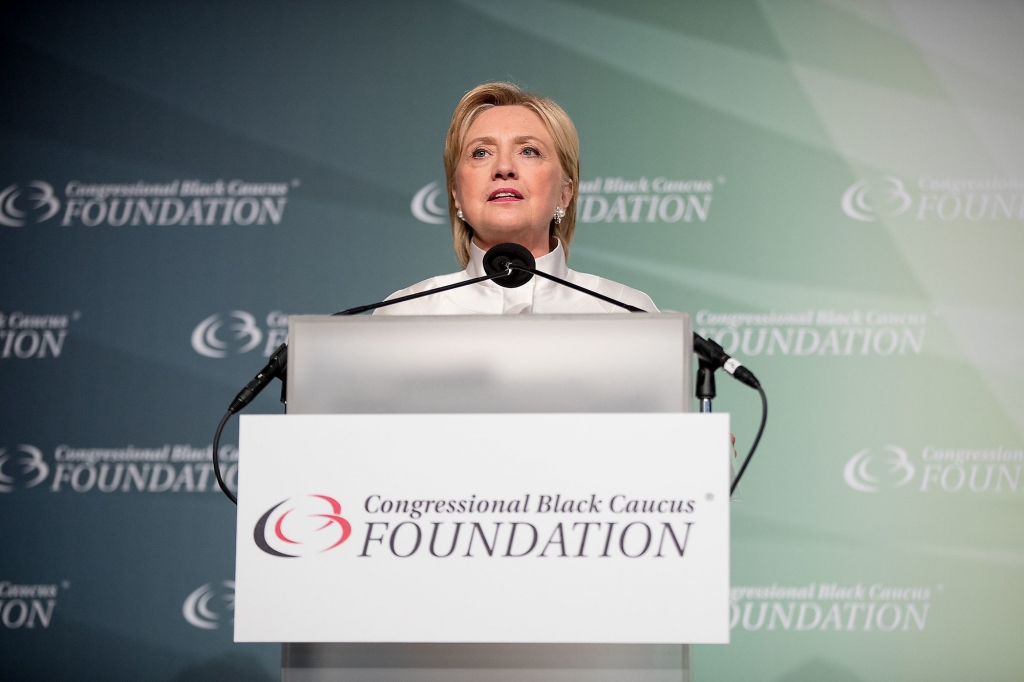 Democratic presidential candidate Hillary Clinton speaks at the Congressional Black Caucus Foundation's Phoenix Awards Dinner at the Washington Convention center in Washington Saturday Sept. 17 2016 after receiving a Phoenix award. (AP