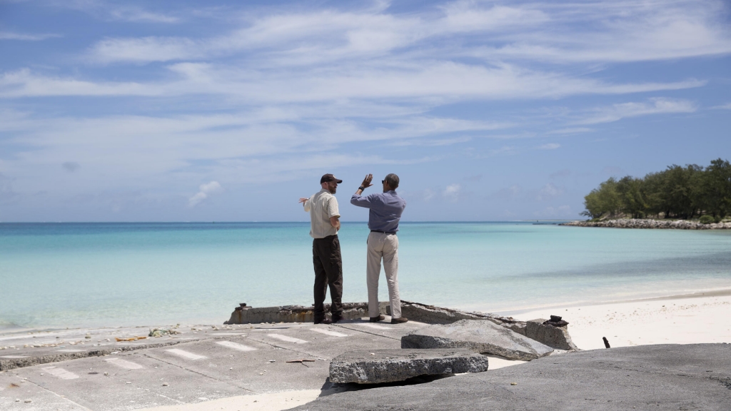 President Barack Obama on Midway Atoll in the Papahānaumokuākea Marine National Monument Northwestern Hawaiian Islands earlier this month with Marine National Monuments Superintendent Matt Brown. Obama expanded the monument using his authority under