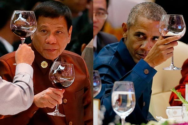 Philippine President Rodrigo Duterte and US President Barack Obama make a toast during the gala dinner of ASEAN leaders and its Dialogue Partners in 28th and 29th ASEAN Summits at Vientiane Laos. Obama sat six seats to the right of Duterte