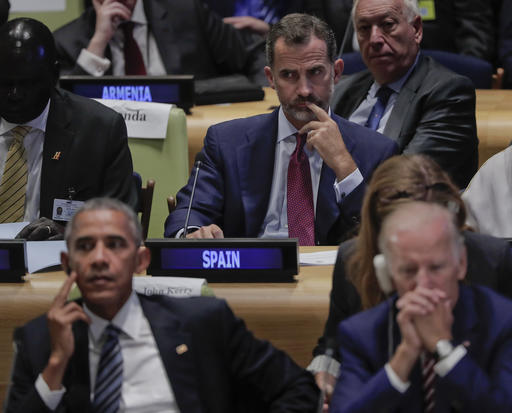 King Felipe of Spain top center listens to speakers at the Leader's Refugee Summit while sitting behind U.S. President Barack Obama and Vice President Joe Biden during the 71st session of the United Nations General Assembly