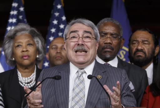 Congressional Black Caucus Chairman Rep. G. K. Butterfield D-N.C. center accompanied by from left Rep. Joyce Beatty, D-Ohio Rep. Hakeem Jeffries D-N.Y. Butterfield Rep. Gregory W. Meeks D-N.Y. and Rep. A