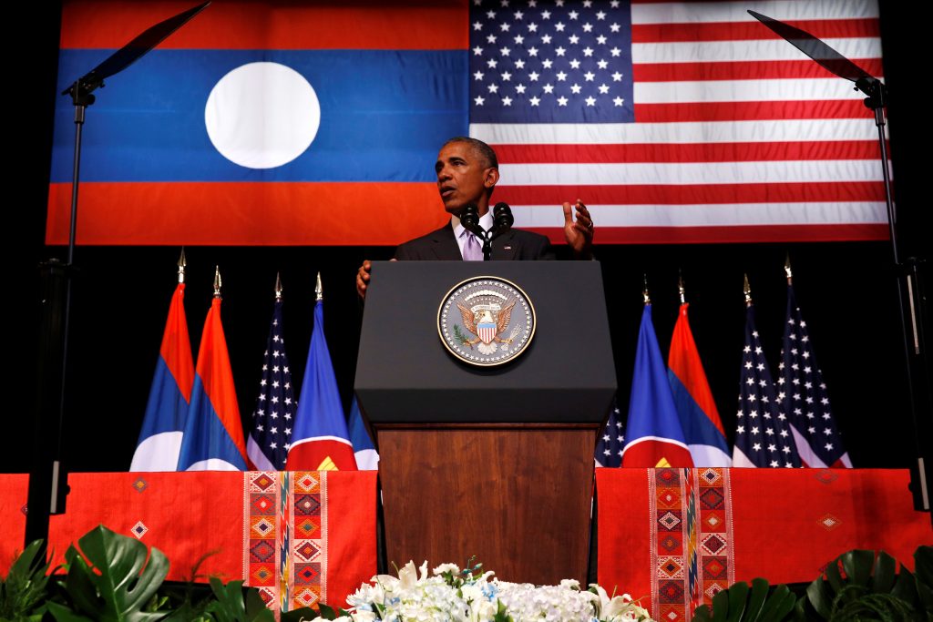 U.S. President Barack Obama delivers an address at the Lao National Cultural Hall on the sidelines of the ASEAN Summit in Vientiane Laos