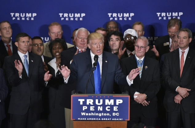 Republican presidential nominee Donald Trump speaks during a press conference with Medal of Honor recipients and veterans during a press conference at the Tr