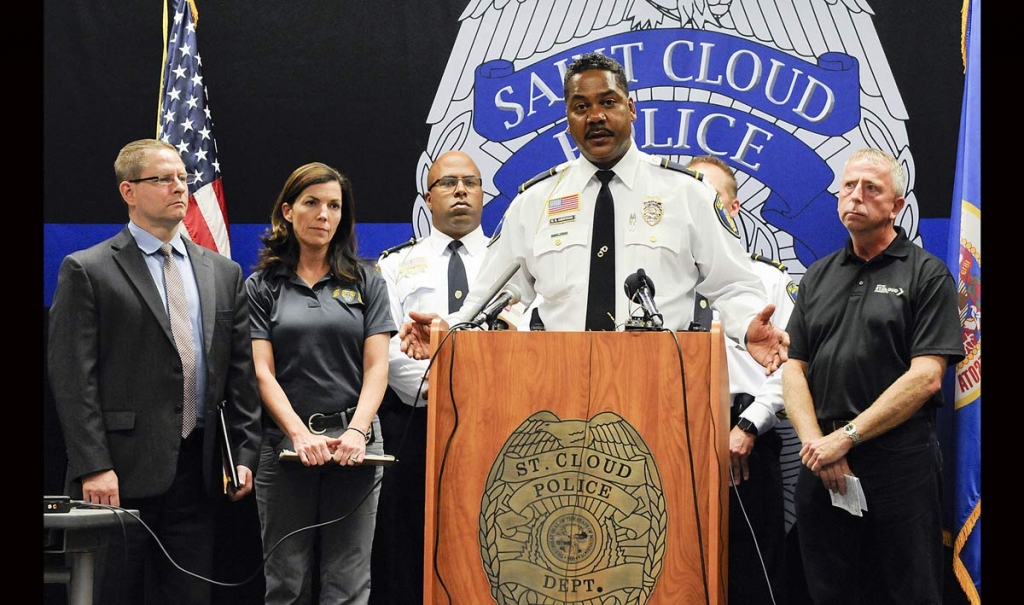 St. Cloud Minn. Police Chief William Blair Anderson and other officials hold a press conference Sunday Sept. 18 2016 giving updated information on the Crossroads Center incident at the St. Cloud Police Department