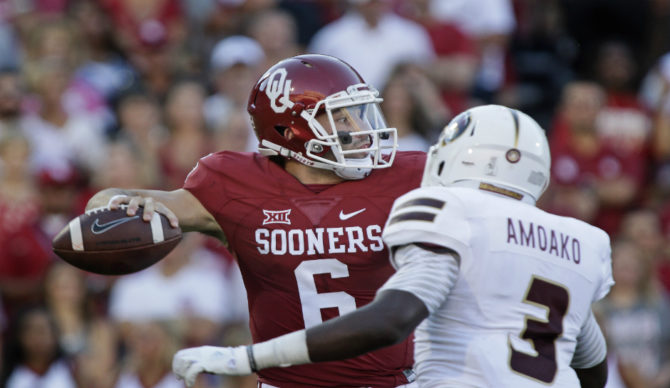 Oklahoma Sooners quarterback Baker Mayfield looks to pass against ULM. Getty Images