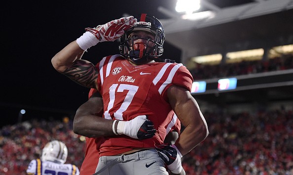 OXFORD MS- NOVEMBER 21 Evan Engram #17 of the Mississippi Rebels celebrates a touchdown during the third quarter of a game against the LSU Tigers at Vaught Hemingway Stadium