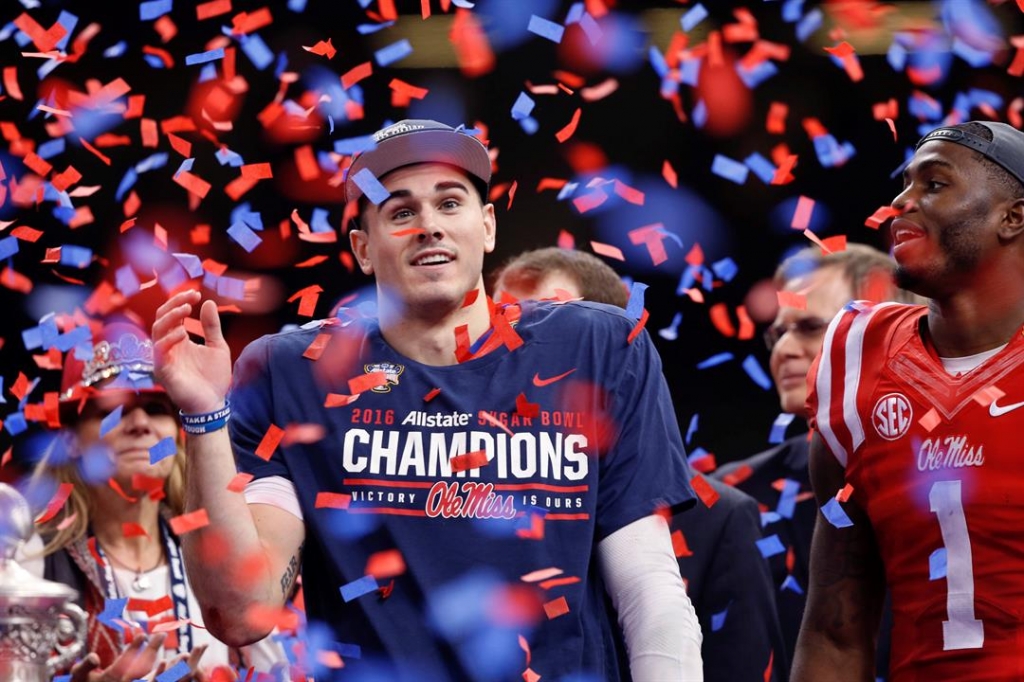 Ole Miss quarterback Chad Kelly grins in bemusement while Laquon Treadwell looks on after the Rebels beat Oklahoma State in the 2016 Sugar Bowl