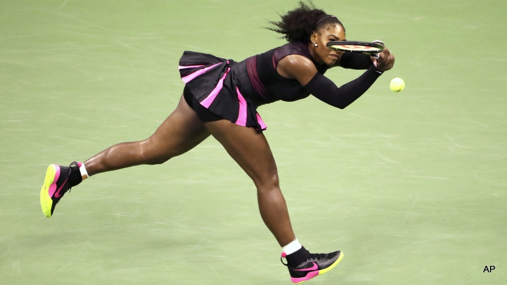 Serena Williams returns a shot to Karolina Pliskova of the Czech Republic during the semifinals of the U.S. Open tennis tournament Thursday Sept. 8 2016 in New York