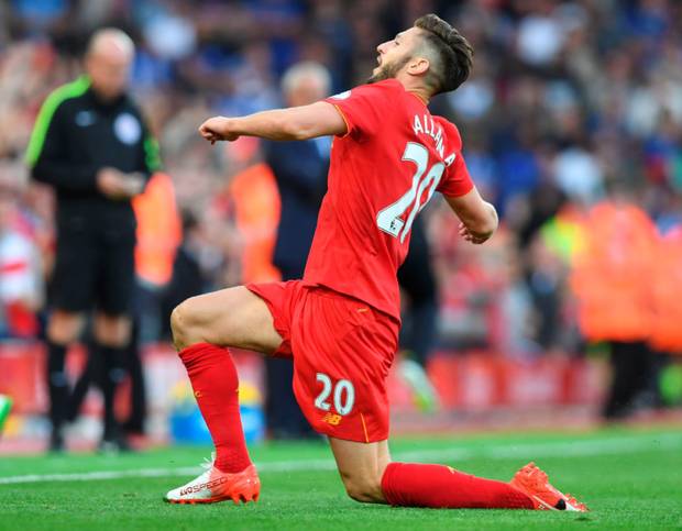 On target Adam Lallana celebrates scoring Liverpool’s third goal in their first home game of the season against Leicester