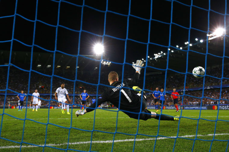 On the money Riyad Mahrez scores Leicester's third in the Champions League win at Club Brugge KV